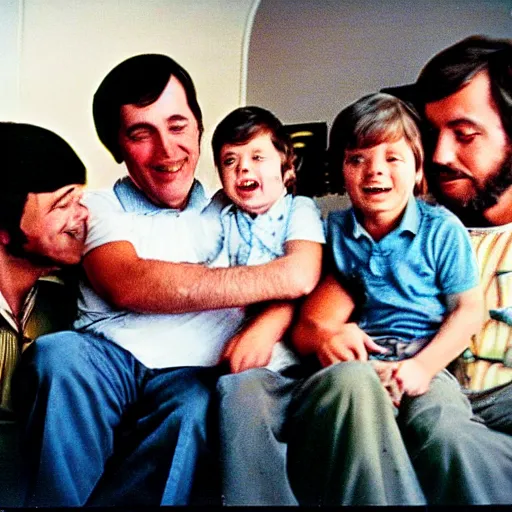 Prompt: portrait of two fathers and a boy, 1 9 7 0, house, nostalgic, 8 mm, happy family