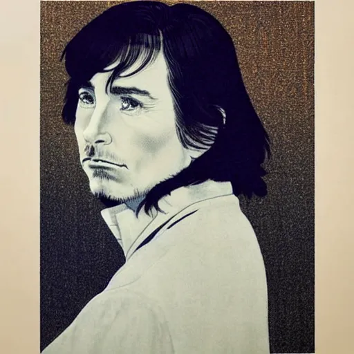 Image similar to “ christian bale portrait by ikenaga yasunari and ayana otake and ko rakusui, 6 0 s poster, drawing, realistic, sharp focus, japanese, dreamy, nostalgia, faded, golden hues, floral clothes, porcelain skin ”