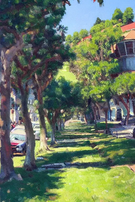 Image similar to San Francisco's green hills during the summertime, very detailed, focused, oil painting, colorful, canvas, artstation, Antoine Pierre Mongin