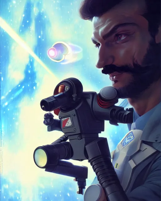 Image similar to gigachad luigi firing a laser cannon like ernest khalimov wearing a suit in the space lab, fantasy character portrait, ultra realistic, anime key visual, concept art, intricate details, highly detailed by greg rutkowski, ilya kuvshinov, gaston bussiere, craig mullins, simon bisley