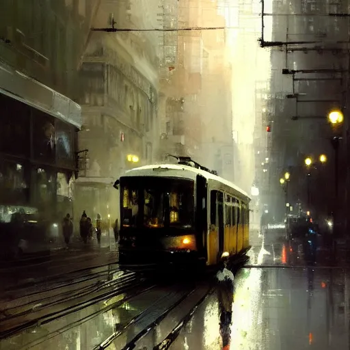 Image similar to toronto streetcars painting by jeremy mann