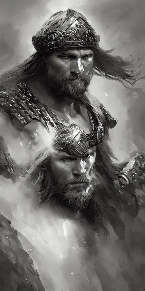 Prompt: highly detailed beautiful black and white photography of a viking, sharp focus, dynamic lighting, elegant harmony, beauty, masterpiece, by riccardo federici, by craig mullins, by greg tocchini, by greg rutkowski