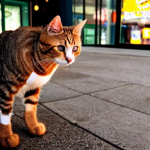 Image similar to Cat entering McDonald's and ordering a Hamburger, 40nm lens, shallow depth of field,