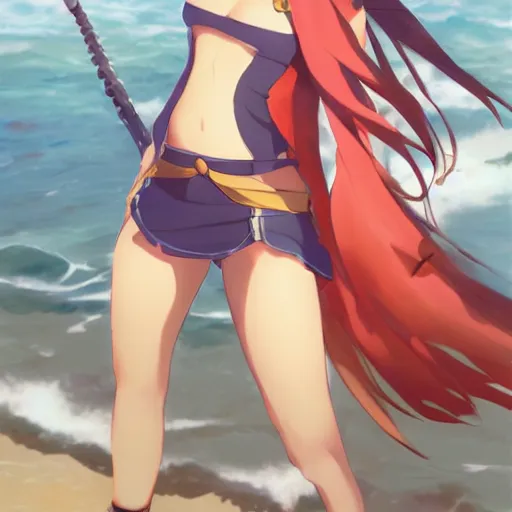 Prompt: aqua from konosuba, standing on the beach, art by ross tran ilya kuvshinov krenz cushart