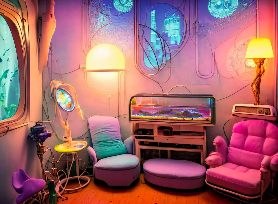 Image similar to telephoto 7 0 mm f / 2. 8 iso 2 0 0 photograph depicting the feeling of chrysalism in a cosy cluttered french sci - fi ( art nouveau ) cyberpunk apartment in a pastel dreamstate art cinema style. ( aquarium, computer screens, window ( city ), led indicator, lamp ( ( ( armchair ) ) ) ), ambient light.