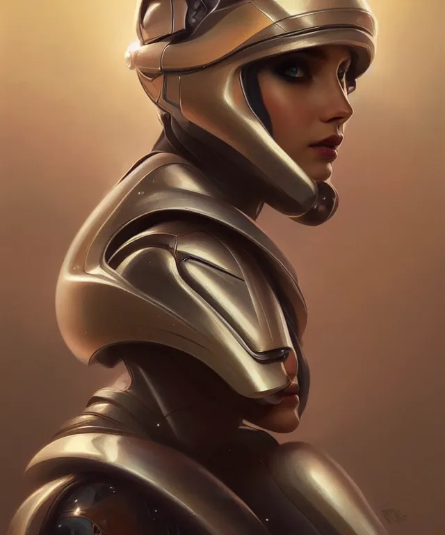 Image similar to futuristic woman in helmet portrait, sci-fi, amber eyes, face, long hair, fantasy, intricate, elegant, highly detailed, digital painting, artstation, concept art, smooth, sharp focus, illustration, art by artgerm and greg rutkowski and alphonse mucha