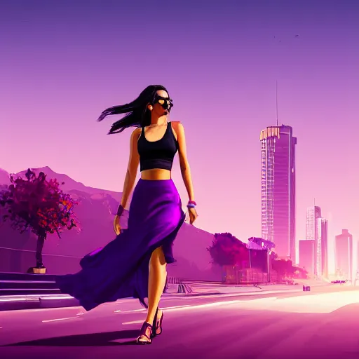 Prompt: a stunning GTA V loading screen with a beautiful woman with ombre hairstyle in purple and pink blowing in the wind, tanktop and skirt, aviator sunglasses, city streets, digital art, trending on artstation