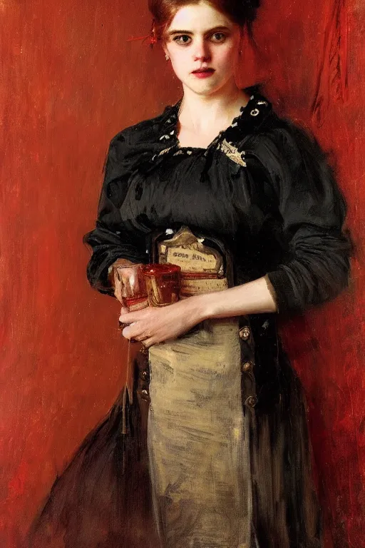 Image similar to Solomon Joseph Solomon and Richard Schmid and Jeremy Lipking victorian genre painting full length portrait painting of a young beautiful woman traditional german barmaid in fantasy costume, red background