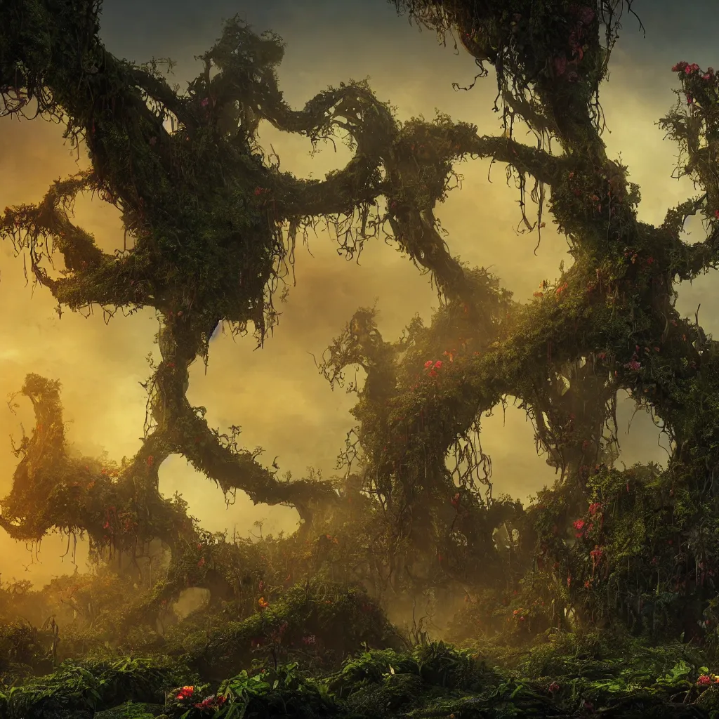 Image similar to An incredibly beautiful but ominous matte painting depicting a profusion of evil carnivorous vines and colorful flowers and lush exotic trees and bloated toadstools, with horrifying huge burning eyes and jagged bloody teeth, overgrowing a desolate ruins submerged in fog beneath the setting sun, nvidia, vray, evening, epic scale, octanerender