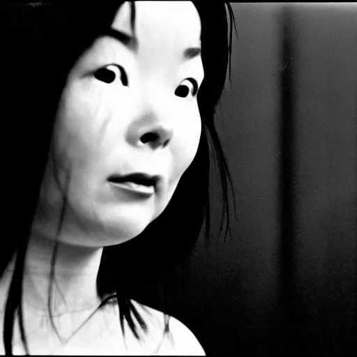 Image similar to Bjork climbs out of your TV screen towards you like Sadako, J-Horror, 90s, 35mm film