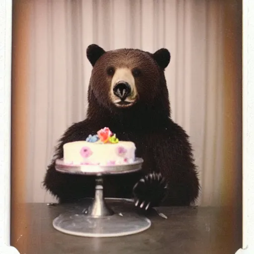 Image similar to polaroid photo of a bear eating cake