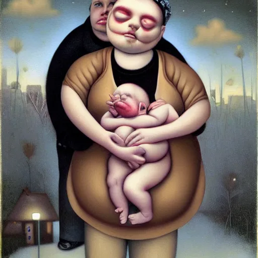 Prompt: there's an infant clinging to his overweight mother in the cold as they go to shop for cigarettes, lowbrow painting by mark ryden