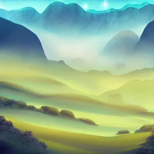 Image similar to magical landscape, mountains, misty, blue, yellow sky, digital art