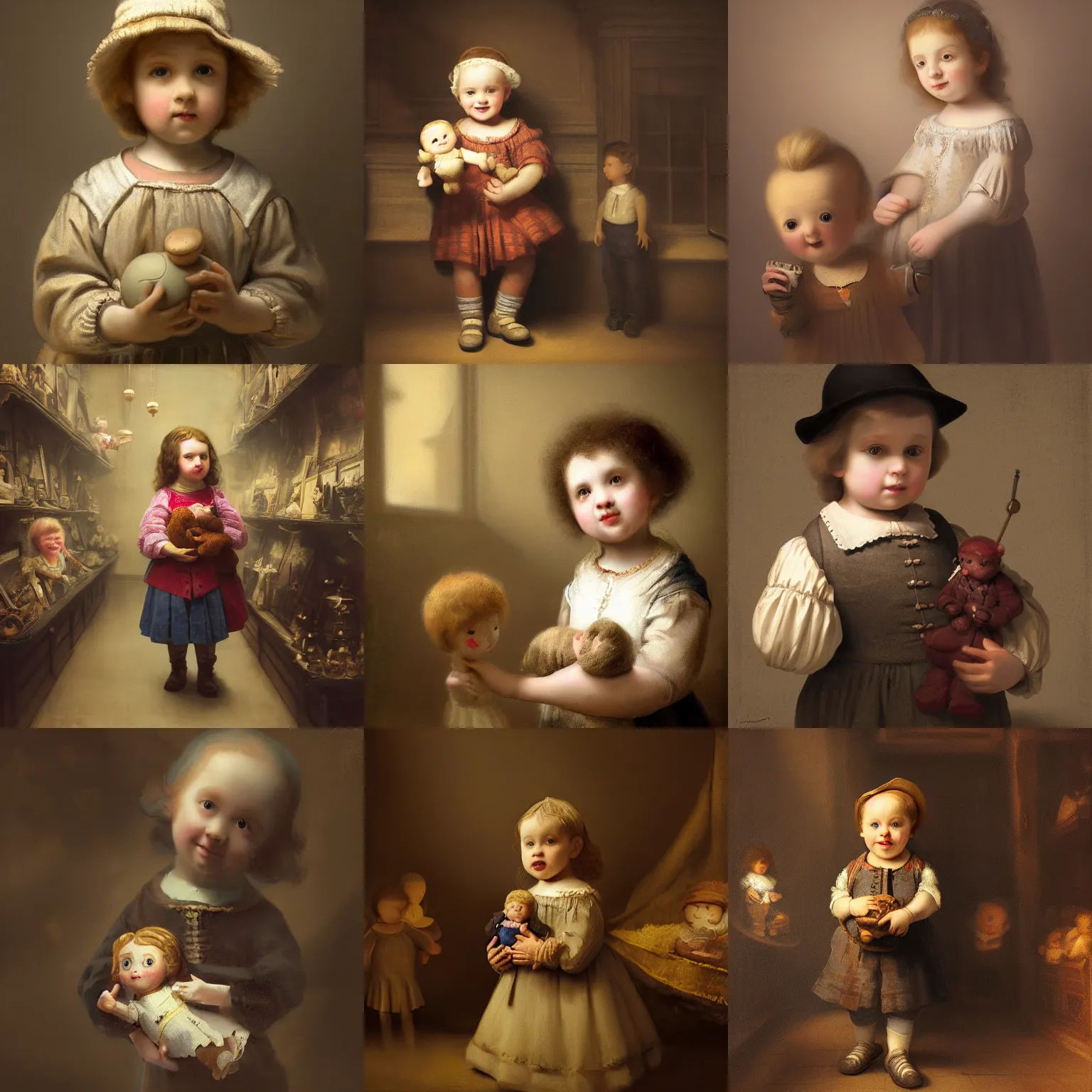 Prompt: a matte painting of an adorable child holding a doll in a toy shop by rembrandt and mumford, baroque, artstation, instagram, DOF, soft lighting