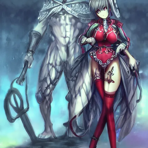 Image similar to pretty anime girl in bikini in sad byzantine mask, concept art, grim dark fantasy stand infront of poor christian farmer.