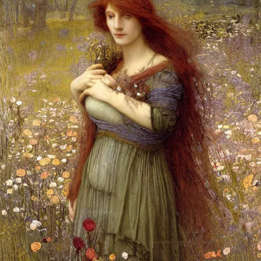 Image similar to beautiful pre - raphaelite woman, flower halo, flowing gown with empire waist in a wildflower meadow, floating leaves, fairys and flower petals in background, painterly, briar patch, thorns, dreamy, painted by jeremy mann, edward burne - jones, and john everett millais, alma tadema, ethereal, stunning, god rays, detailed