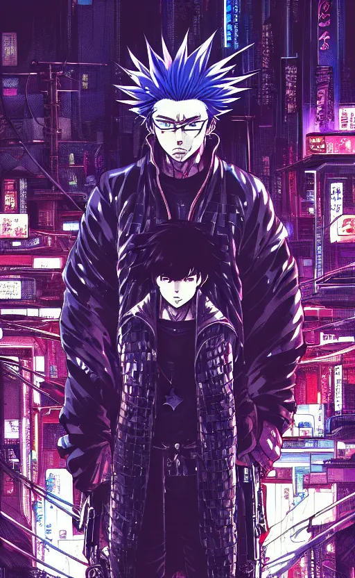 Image similar to an intricate detailed main cover of the manga, a strong male anime hero with two magical swords, in neo tokyo cyberpunk city with spirit sight, by Katsuhiro Otomo + Sui Ishida, in the anime Ghost In the Shell, trending on artstation + clean lines + lineart +clean edges