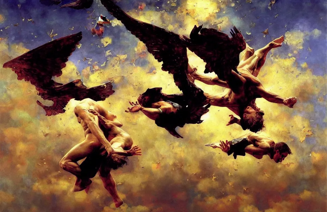 Prompt: icarus falling from the sky, detailed painting, epic lighting, by ilya repin, phil hale and kent williams