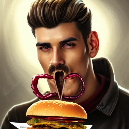 Image similar to portrait of a kosmo Kramer eating a hamburger, extra onions and ketchup, luscious patty with sesame seeds, masculine, handsome, D&D, fantasy, intricate, elegant, highly detailed, digital painting, artstation, concept art, matte, sharp focus, illustration, art by Artgerm and Greg Rutkowski and Alphonse Mucha