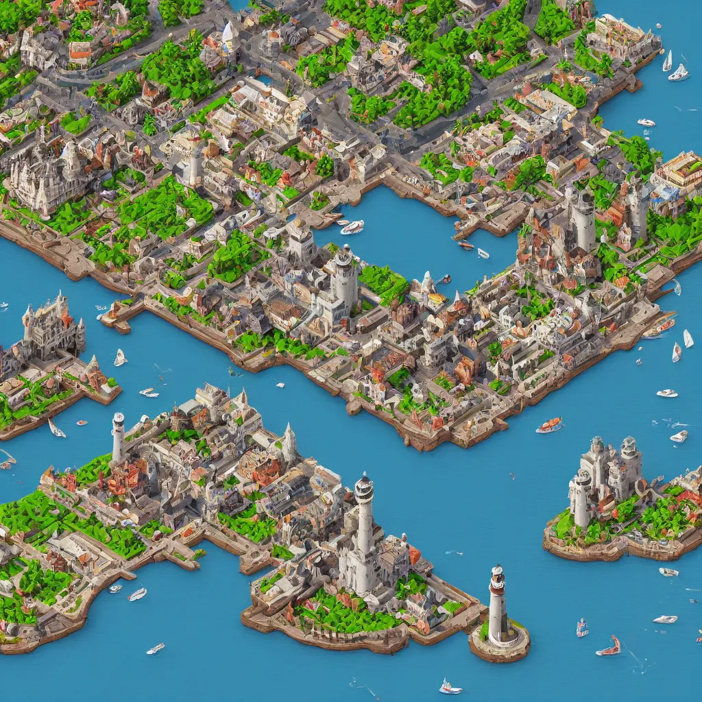 Image similar to isometric voxel bay with a medieval city. A port with sailboats. A lighthouse in the water, stone towers of a castle block of art. hd, detailed, 4k, concept art.