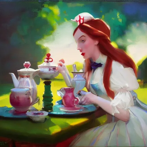 Image similar to tea time, Alice in Wonderland by Malcolm Liepke, hyper realism, 8k, trending on artstation