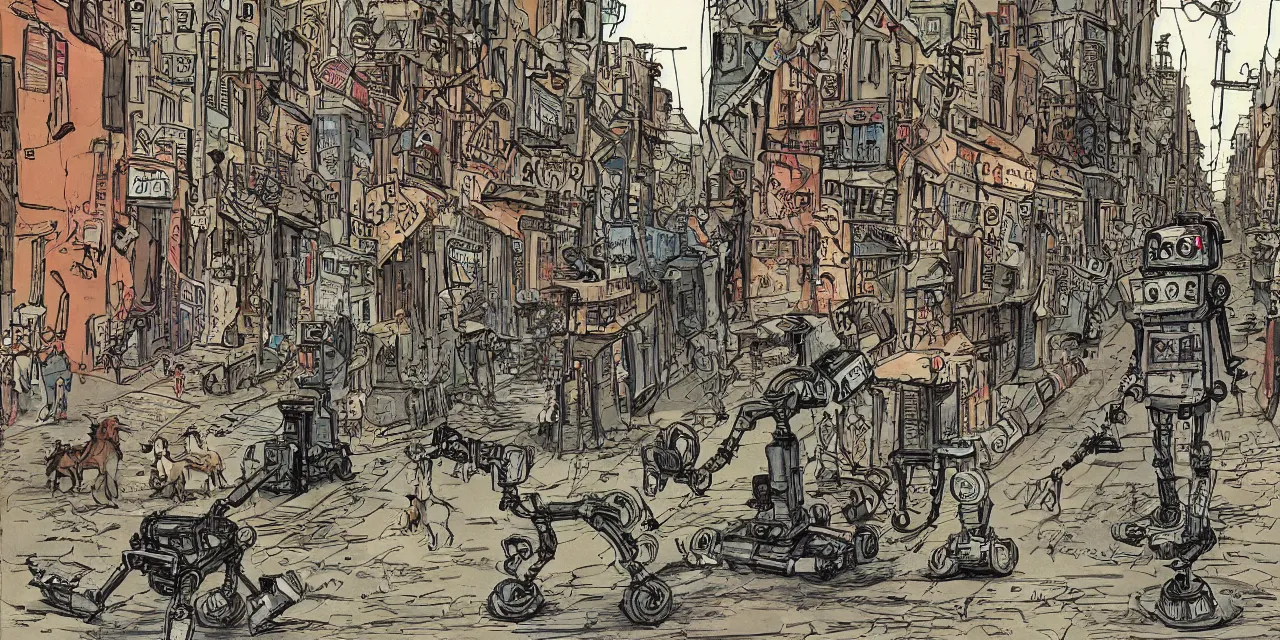 Prompt: a dog walking a robot on a inner city urban street set in the late 2 1 2 2 one hundred years of agi, caricature styling by jack davis