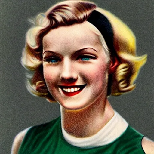 Image similar to a 1 9 3 0 s color portrait. happy, healthy, beautiful, smiling, young, sporty, blonde, blue - eyed woman in decent athletic wear. hyper - realistic detailed drawing