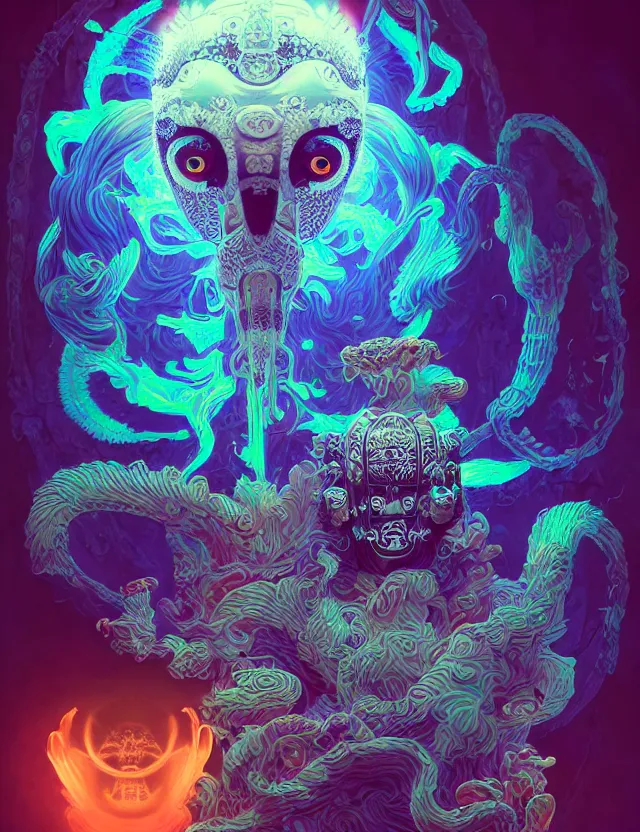 Prompt: 3 d liminal space abandoned space temple frontal portrait with ram skull. beautiful intricately detailed japanese crow kitsune mask and clasical japanese kimono. betta fish, jellyfish phoenix, bio luminescent, plasma, ice, water, wind, creature, artwork by tooth wu and wlop and beeple and greg rutkowski
