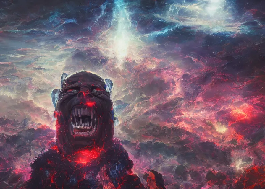 Prompt: large abstract painting of giant grinning evil dynamic Joe Biden head emerging from cosmic clouds at giant immense crowd of person army, trending on ArtStation, masterpiece, by Ciurlionis, octane, lightbeam eyes, oil on canvas, moody lighting, lights beaming out of eyes, cinematic, professional environment concept art