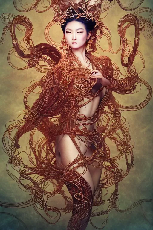 Image similar to an immaculate render of a dancing chinese goddess adorned with leaves and cables and bird wings, dancing in a temple surrounded by wild tentacles made from mandalas and incense smoke, full body, perfect face, powerful, cinematic, beautifully lit, by artgerm, by karol bak, by android jones, 3 d, trending on artstation, octane render, 8 k