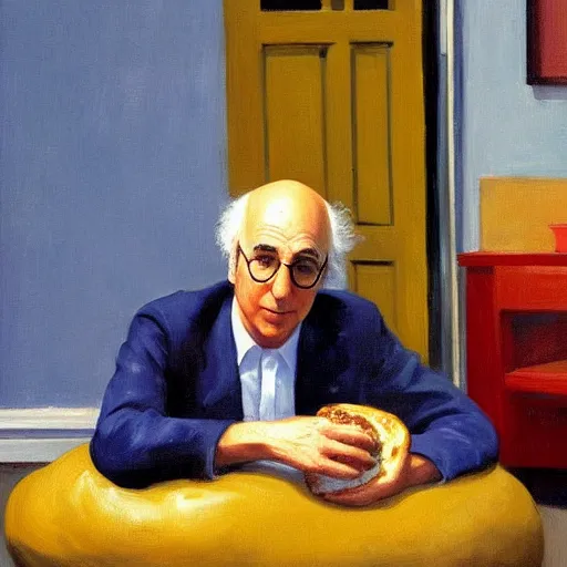 Prompt: larry david sitting on large bagel beanbag, edward hopper painting