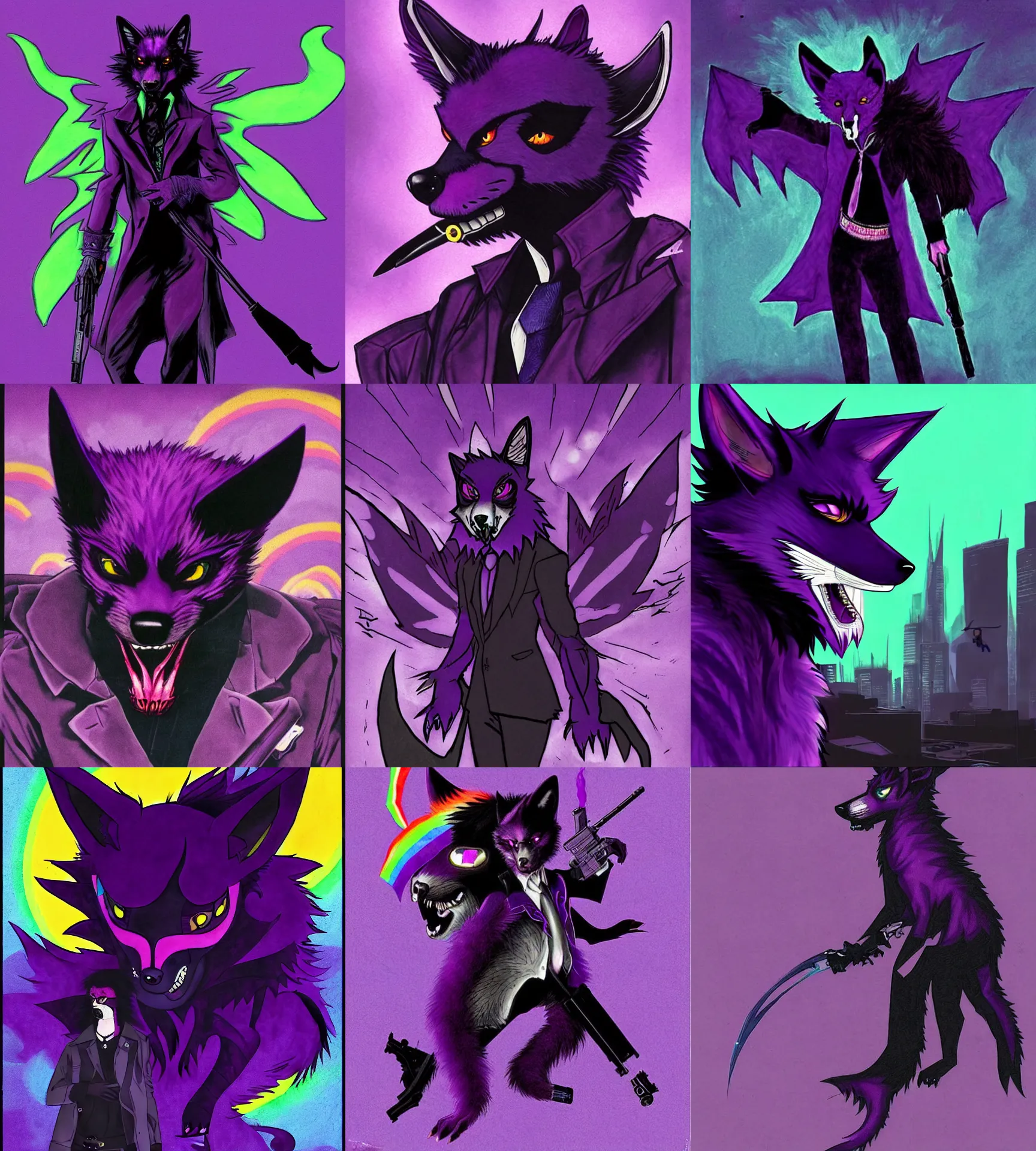 Prompt: a purple wolfbat fursona with an eyepatch and a rainbow tail, traversing a shadowy city, drawn in a neo - noir style, reminescent of max payne and ghost in the shell, style of purple rain album cover ( by prince ), dark colors