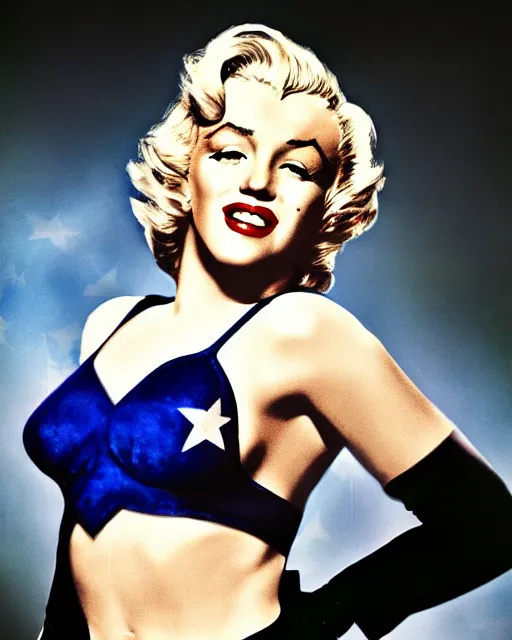 Image similar to Modern color photograph of Marilyn Monroe as Captain America, photorealistic