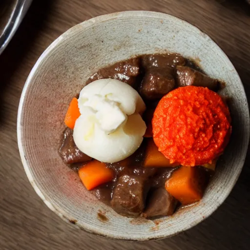 Prompt: A beef stew cupcake with a side of freshly shaved carrot and caviar, high definition photography, 8k, food photography