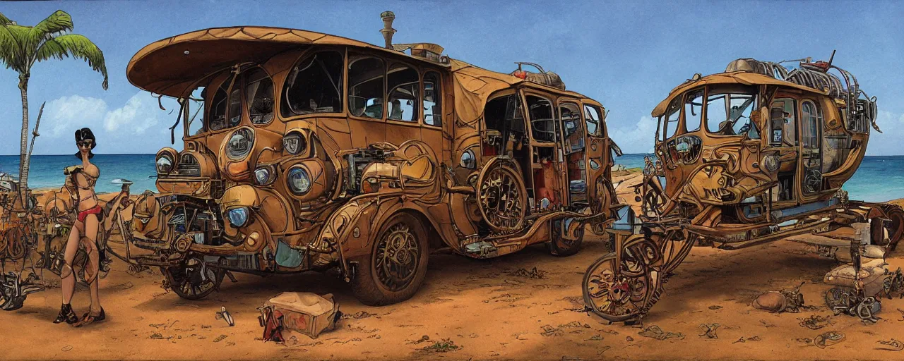 Prompt: steampunk autocamper in tobago, painting by moebius