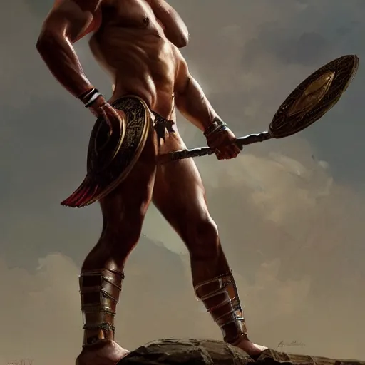 Image similar to male roman gladiator, gorgeous, amazing, muscular, silk, intricate, elegant, thighs, highly detailed, digital painting, artstation, concept art, sharp focus, illustration, by greg rutkowski