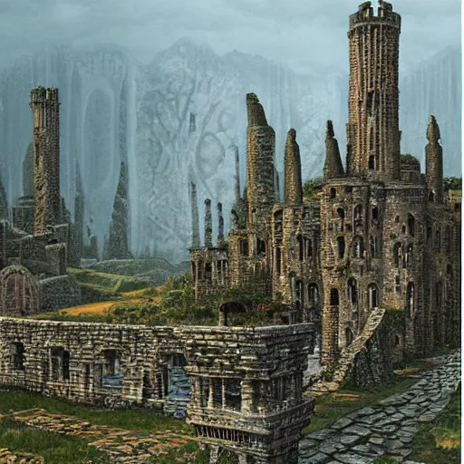 Image similar to ruined stone city and towers in a lake. misty weather. painting by Ted Nasmith and Larry Elmore.