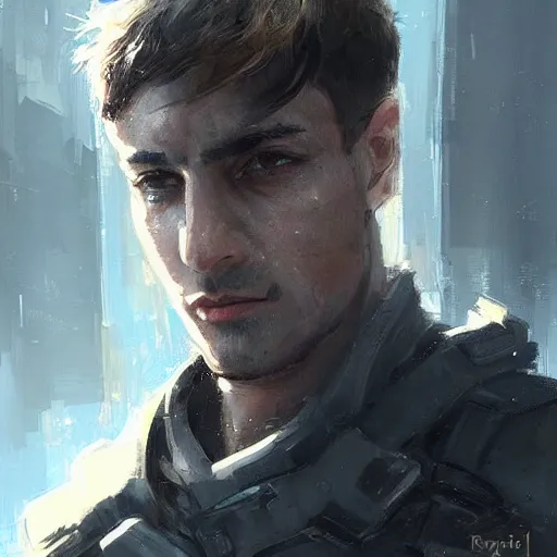 Image similar to Portrait of a man by Greg Rutkowski, he is about 20 years old, mixture turkish and russian, short dark blonde hair with bangs, attractive, angry but resigned look, he is wearing a futuristic tactical gear, highly detailed portrait, scifi, digital painting, artstation, concept art, smooth, sharp foccus ilustration, Artstation HQ.