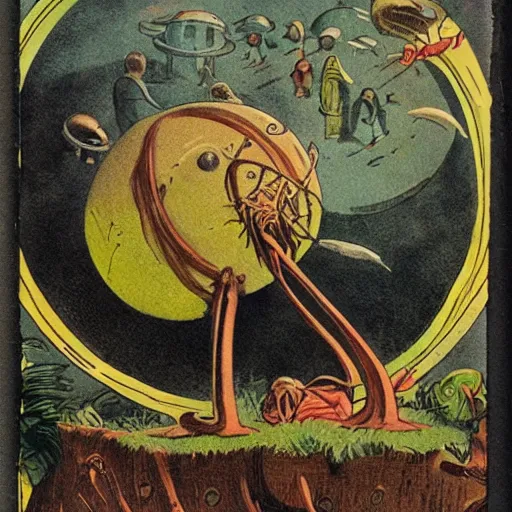 Image similar to 1890s children's book illustration about the perils of exploring alien planets