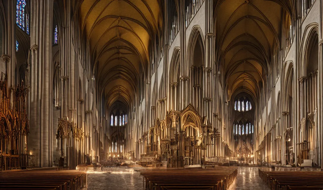 Image similar to interior notre dame, ascher clemens, home, interior, octane render, deviantart, cinematic, key art, hyperrealism, canon eos c 3 0 0, ƒ 1. 8, 3 5 mm, 8 k, medium - format print