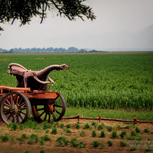 Prompt: an alien riding a wagon in a farm near dikanka, top secret style photo,