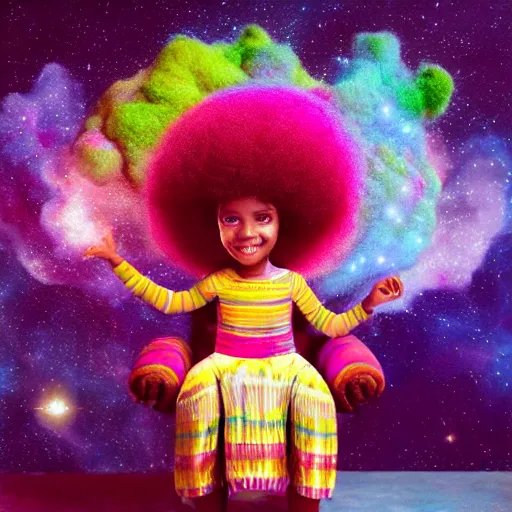 Prompt: a cute little african egyptian princess with a colorful afro sitting on a nebula cloud throne, bright colors, synthwave, watercolor, volumetric wool felting, felt, macro photography, children illustration, global illumination, radiant light, detailed and intricate environment, by goro fujita, bokeh!!!!