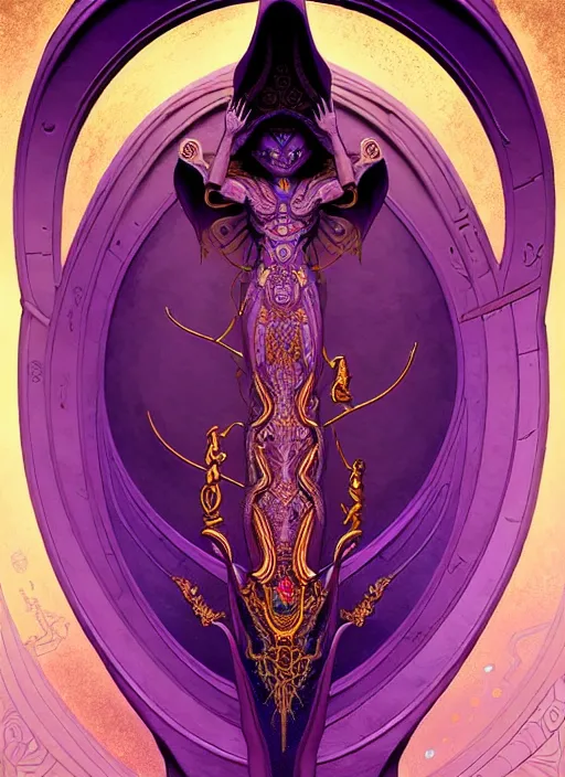 Image similar to ornate alien sacred sarcophagus, art nouveau hieroglyphics, lavender and gold palette, symmetry, fantasy, intricate, elegant, highly detailed, colorful, dark colors, dramatic shadow, digital painting, artstation, concept art, art by artgerm and greg rutkowski and ruan jia and fromsoftware