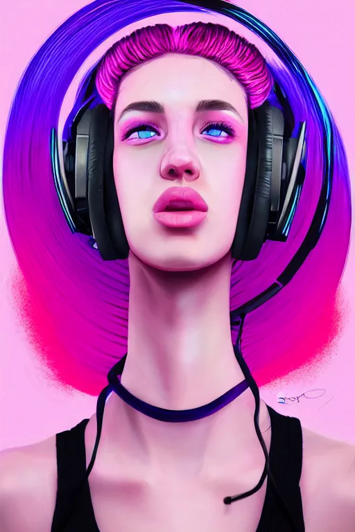 Image similar to a award winning half body portrait of a beautiful woman with stunning eyes in a croptop and cargo pants with ombre purple pink teal hairstyle and wearing headphones on her ears by thomas danthony, surrounded by whirling illuminated lines, outrun, vaporware, digital art, trending on artstation, highly detailed, fine detail, intricate