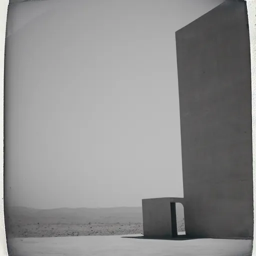 Image similar to impossibly large concrete structure in the distance, middle of the desert, minimalist architecture, megalophobia, foggy, old polaroid, expired film,