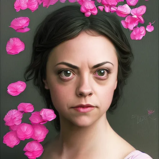 Image similar to pink petals with a ahape of a wonderful aubrey plaza and christina ricci and mila kunis, intricate, elegant, highly detailed, wonderful eyes, sweet, digital painting, artstation, concept art, smooth, sharp focus, illustration, art by artgerm and greg rutkowski and alphonse mucha and william - adolphe bouguereau