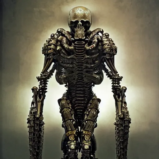 Prompt: still frame from Prometheus movie by giger, necron lord editorial by Malczewski, biomechanical armoured knight by Wayne Barlowe, ornate elaborate complex artifact of death