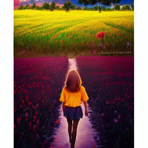 Image similar to giant flower as a head, girl walking in flower field, surreal photography, sunrise, dramatic light, impressionist painting, colorful clouds, digital painting, artstation, simon stalenhag