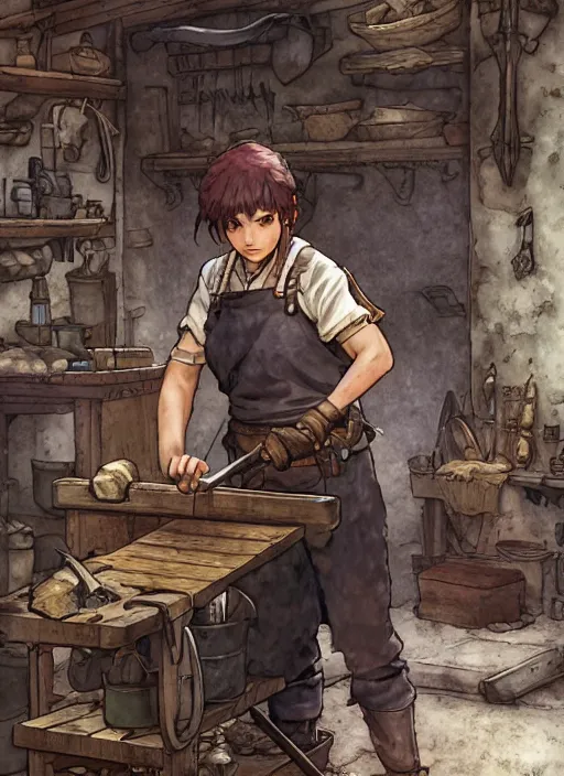 Image similar to character portrait of a blacksmith tomboy making a sword at the smithy, hidari, color page, tankoban, 4K, tone mapping, Akihiko Yoshida.