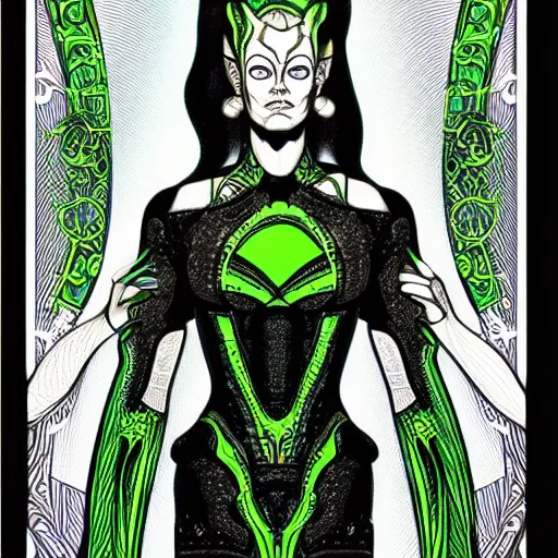 Prompt: Seven of Nine the Borg from star trek, art nouveau, amazing details, intricate details, beautiful ,insane details , tarot card, black paper, neon green, fractal system circuit , in the style of Alphonse Mucha,